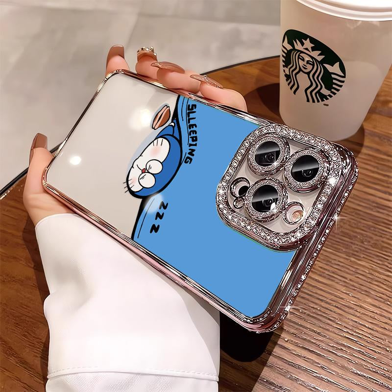 Cute Doraemon Luxury Rhinestone Decor Phone Case for Iphone 16 15 14 13 12 11 plus Pro Max Shockproof Camera Protector Cover
