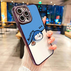 Cute Doraemon Luxury Rhinestone Decor Phone Case for Iphone 16 15 14 13 12 11 plus Pro Max Shockproof Camera Protector Cover