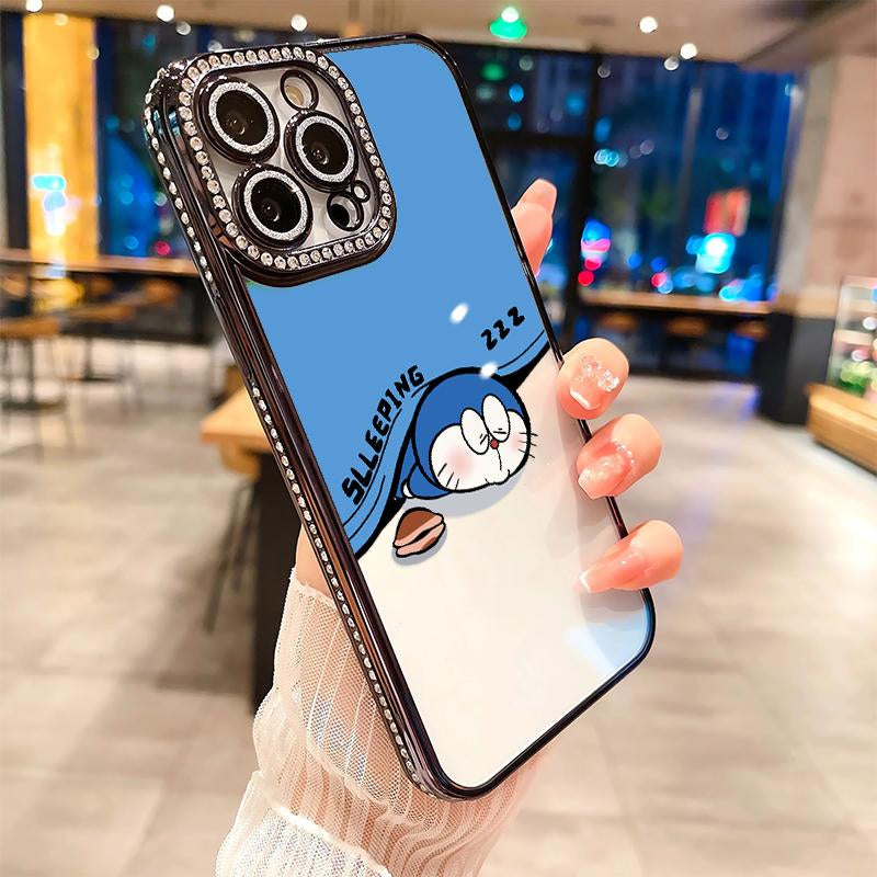 Cute Doraemon Luxury Rhinestone Decor Phone Case for Iphone 16 15 14 13 12 11 plus Pro Max Shockproof Camera Protector Cover