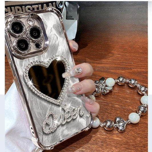 Suitable for Iphone 16Promax Phone Case 15Plus Heart-Shaped Mirror 14 Four Corner Airbag 1312 Feather Card 11XR Protective Cover