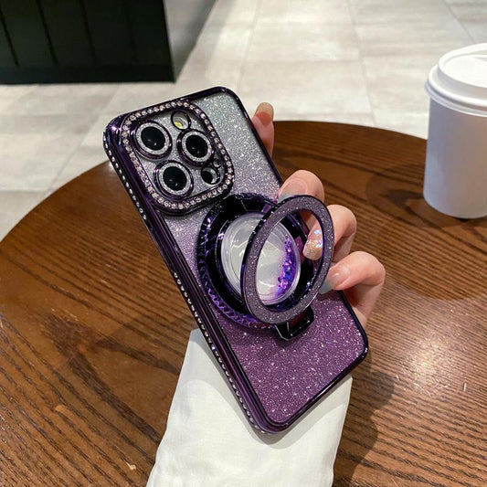 Glitter Kickstand Case for Iphone 16 15 14 13 12 Pro Max, Luxury Bling Sparkly Diamond Rhinestone with Camera Protector Liquid Flowing Ring Stand Women Girls Case