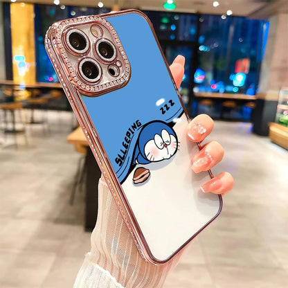 Cute Doraemon Luxury Rhinestone Decor Phone Case for Iphone 16 15 14 13 12 11 plus Pro Max Shockproof Camera Protector Cover