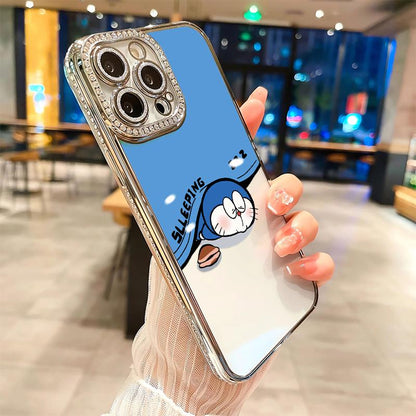 Cute Doraemon Luxury Rhinestone Decor Phone Case for Iphone 16 15 14 13 12 11 plus Pro Max Shockproof Camera Protector Cover